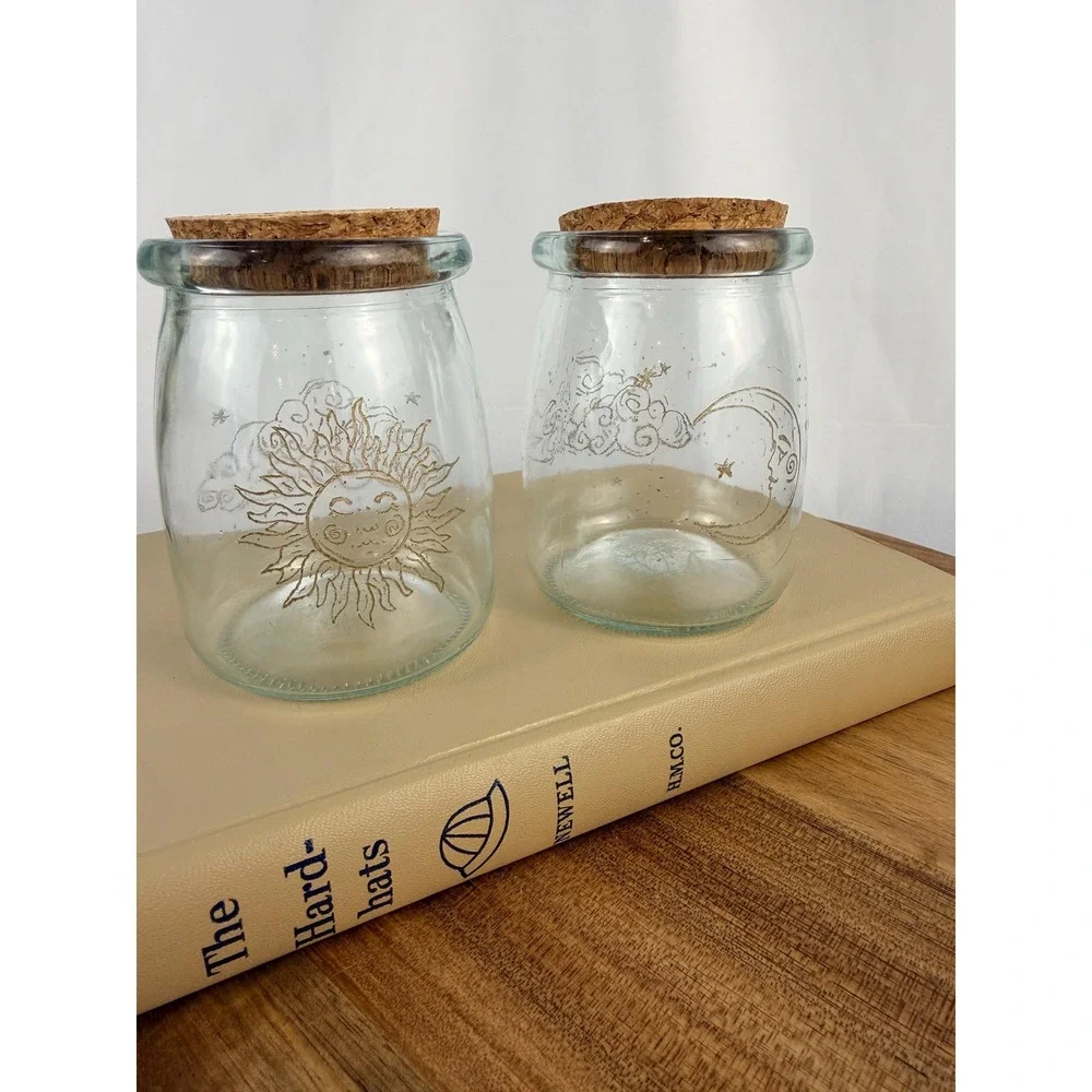 Set of 2 Hand Etched Celestial Glass Jars Cork Lids Sun Moon Apothecary Bottles